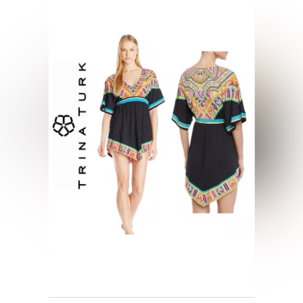 Trina Turk Nepal Tunic Coverup Mini Dress in Black Multicolor Pattern